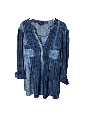 Cocomo Blouse Plus Size 1X Top 3/4 Roll-Tab Sleeves Blue Stretch Casual Travel